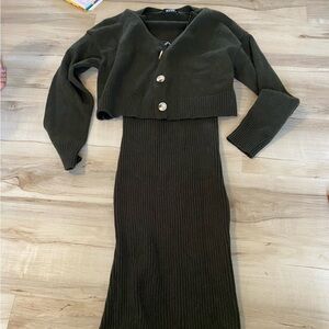 Olive Green Ribbed Dress with Cardigan